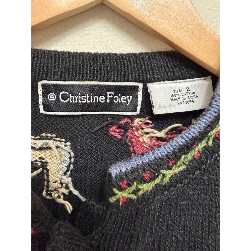 Christine Foley Vintage Horse Knit Cardigan Black Earth Tones Size 2 - Picture 4 of 4
